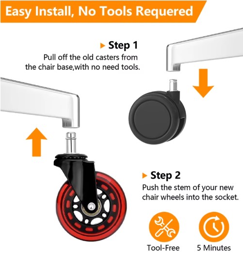 3-inch Red Chair Caster Wheels Customizable 3-Inch PU Caster Wheel with Red Plated Bracket for Office And Game Chairs