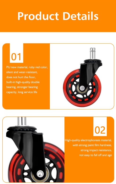3-inch Red Chair Caster Wheels Customizable 3-Inch PU Caster Wheel with Red Plated Bracket for Office And Game Chairs