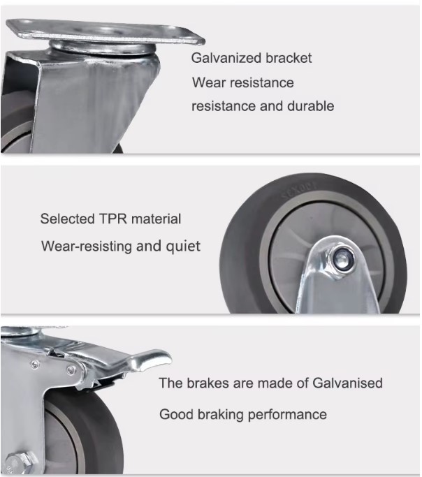 ODM Industrial Caster with Brake Medium Duty Industrial Caster with Brake: Stainless Steel, TPR Wheels, Stem Mount