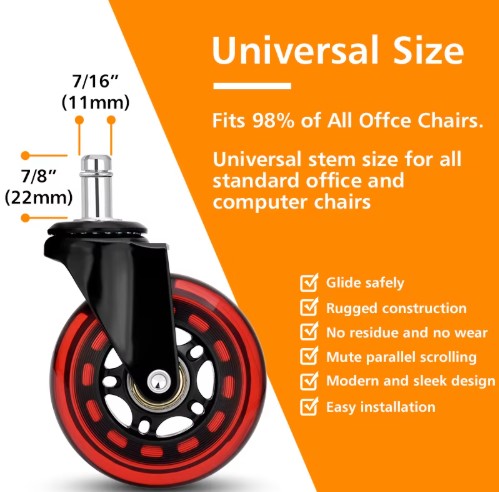 3-inch Red Chair Caster Wheels Customizable 3-Inch PU Caster Wheel with Red Plated Bracket for Office And Game Chairs