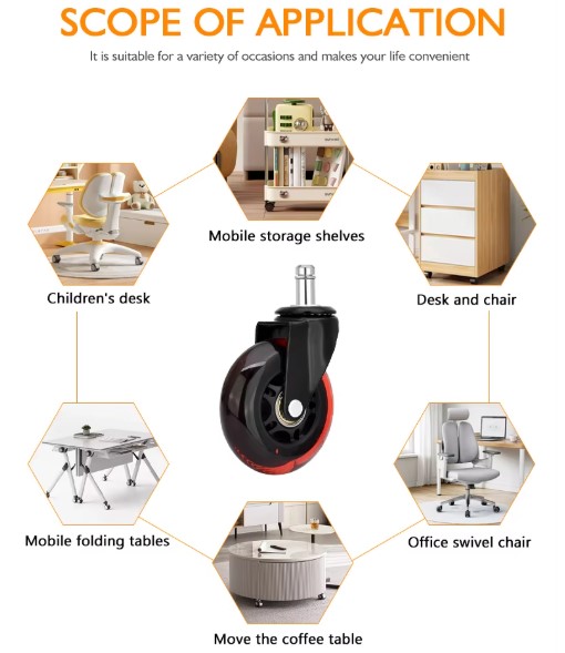 3-inch Red Chair Caster Wheels Customizable 3-Inch PU Caster Wheel with Red Plated Bracket for Office And Game Chairs