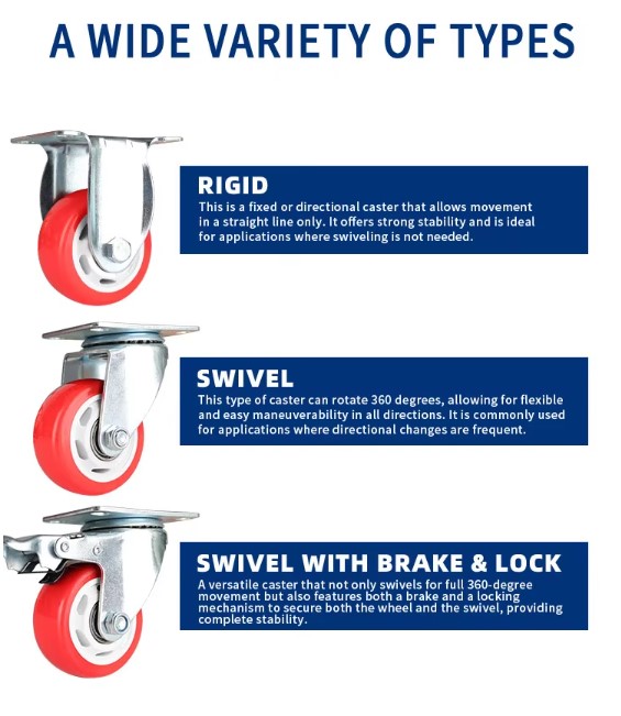 Red PVC Caster Wheels Heavy-Duty Swivel and Rigid Casters with 3/4/5 Inch Red PVC Wheels for Industrial and Commercial Use