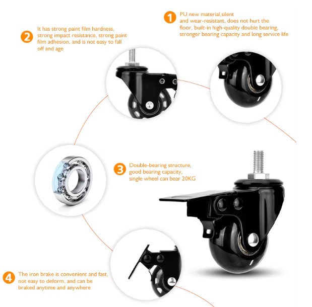 PU Swivel Casters with Brake for Furniture 2-Inch PU Swivel Caster Wheels with Brake, Heavy Duty Furniture Casters for Office Chair & Industrial Use