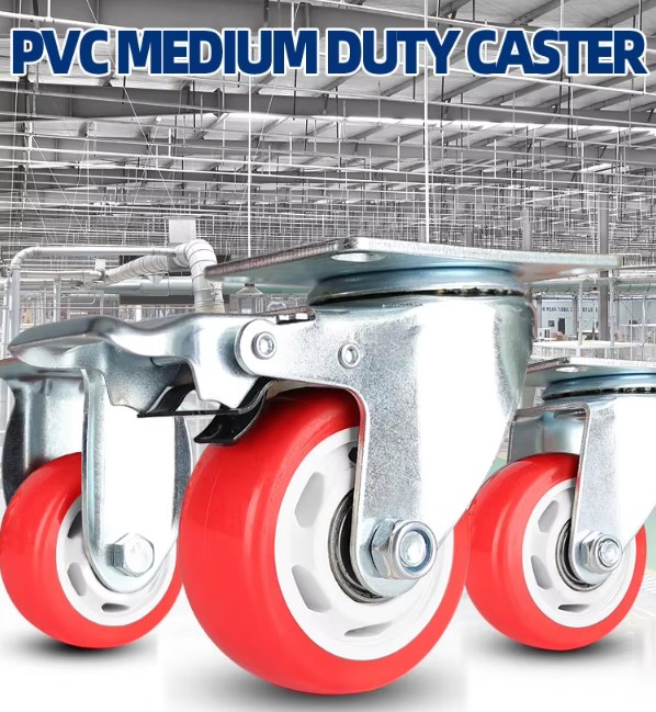 ODM Industrial Casters with Red PVC Wheels Heavy-Duty Swivel and Rigid Casters with 3/4/5 Inch Red PVC Wheels for Industrial and Commercial Use