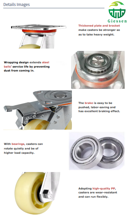 Heavy Load Caster Hot Selling Industrial Heavy Duty PP Caster Wheels with 360° Swivel and Brake, Low Noise Polypropylene Caster