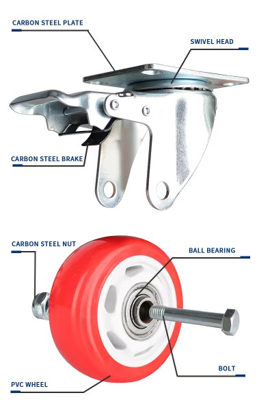 Red PVC Caster Wheels Heavy-Duty Swivel and Rigid Casters with 3/4/5 Inch Red PVC Wheels for Industrial and Commercial Use