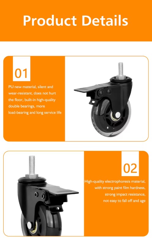 3 Inch Transparent Caster Wheels for Office And Game Chairs Customizable 3-Inch PU Wheels with Transparent Plated Bracket for Office And Game Chairs