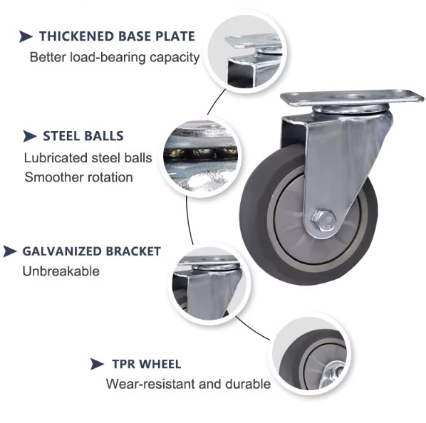 TPR wheels caster Medium Duty Industrial Caster with Brake: Stainless Steel, TPR Wheels, Stem Mount