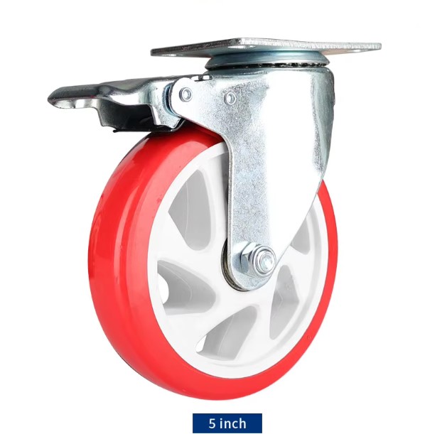 Commercial Red PVC Casters Medium-Duty Swivel Casters with Total Lock Brake and 3/4/5 Inch Red PVC Wheels