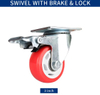 Medium-Duty Swivel Casters with Total Lock Brake and 3/4/5 Inch Red PVC Wheels