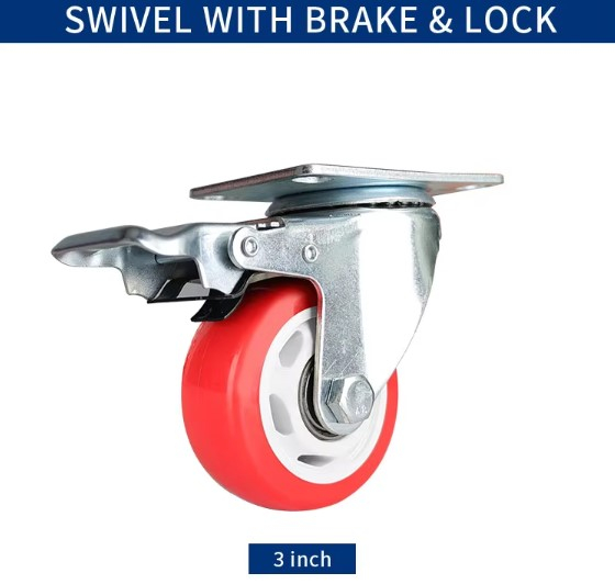 Medium-Duty Swivel Casters with Total Lock Brake and 3/4/5 Inch Red PVC Wheels
