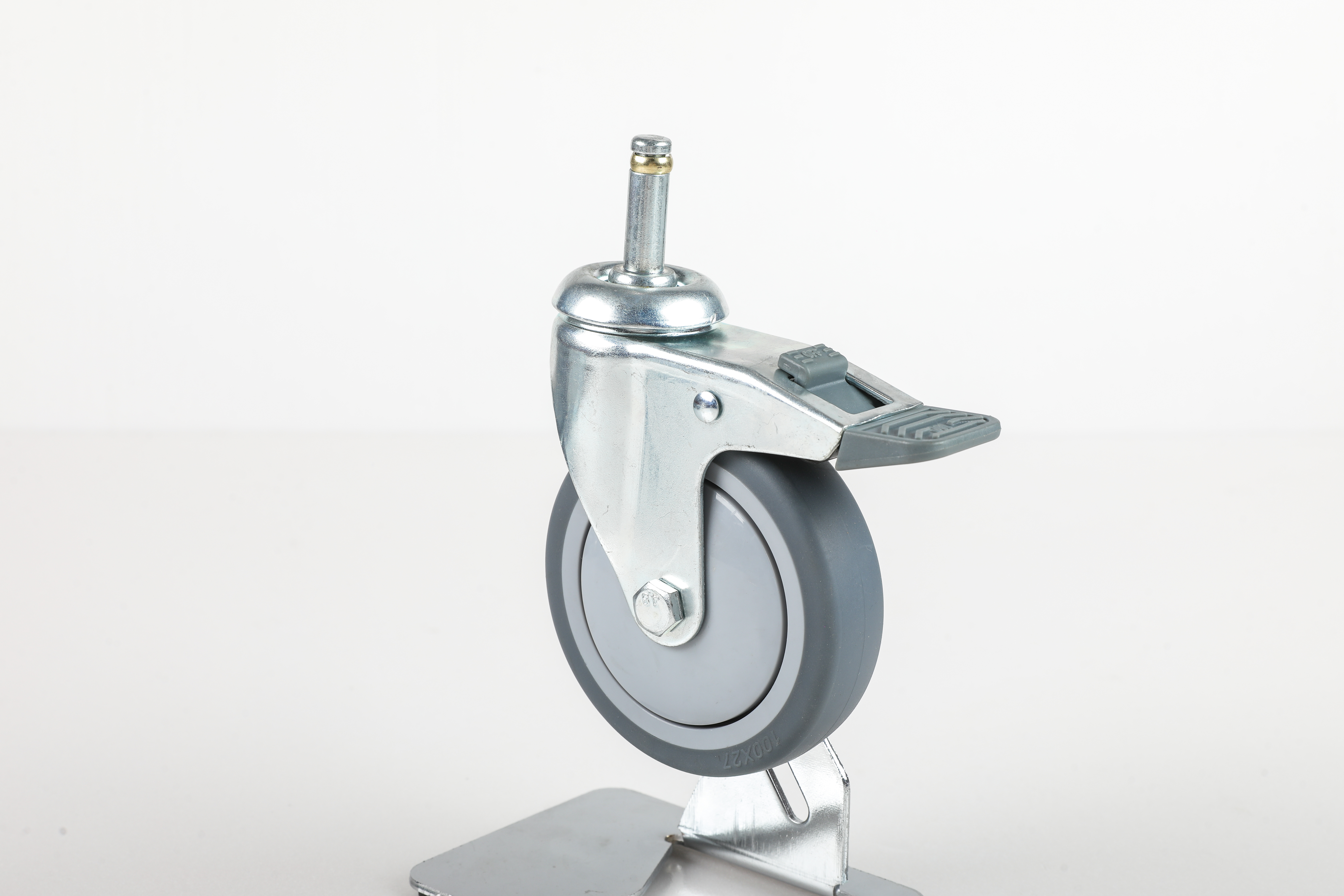 3/4/5 Inch Threaded Stem Caster with Dual Brake - M12 x 30mm, Gray Non-Marking TPR Wheels