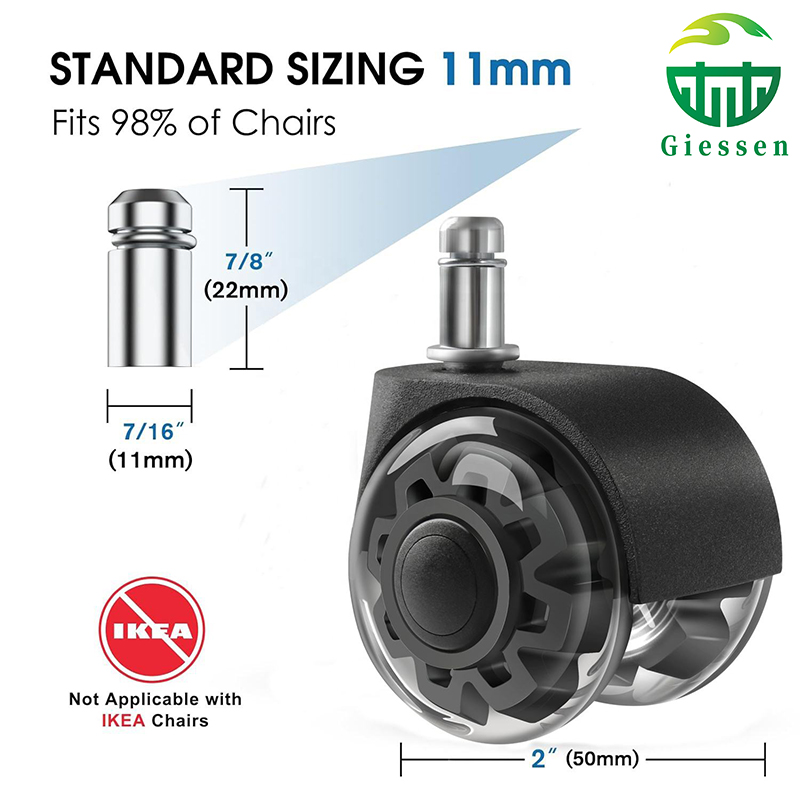 High-end 2-inch PU silent casters, transparent double-wheel office desk and chair furniture casters, swivel spring roller gaming chairs