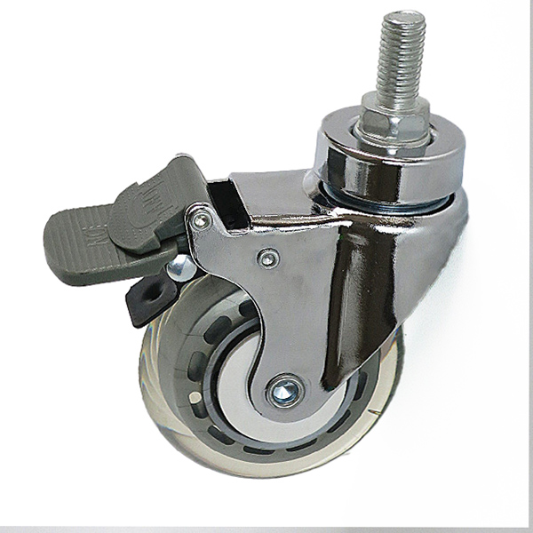 Chromium threaded brake medical casters, 3-inch hospital medical casters, industrial PU transparent wheels, silent and wear-resistant casters