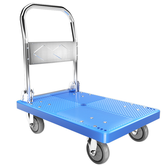 Nylon flatbed cart single-layer silent and wear-resistant handcart blue nylon hand-pushed small cart for transporting goods Collapsible plastic sheet transport trolley space-saving multi-purpose.