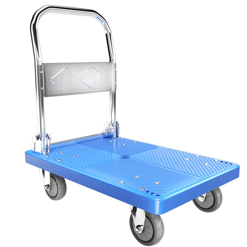 Nylon flatbed cart single-layer silent and wear-resistant handcart blue nylon hand-pushed small cart for transporting goods Collapsible plastic sheet transport trolley space-saving multi-purpose.