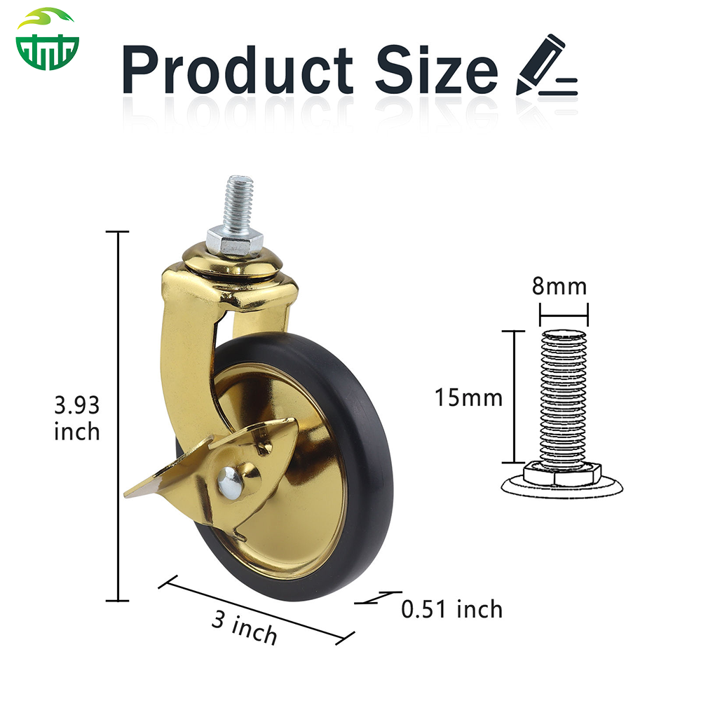 Golden Threaded Stem Rubber Caster Wheel for Dining Carts, Hotels and Restaurant Trolleys