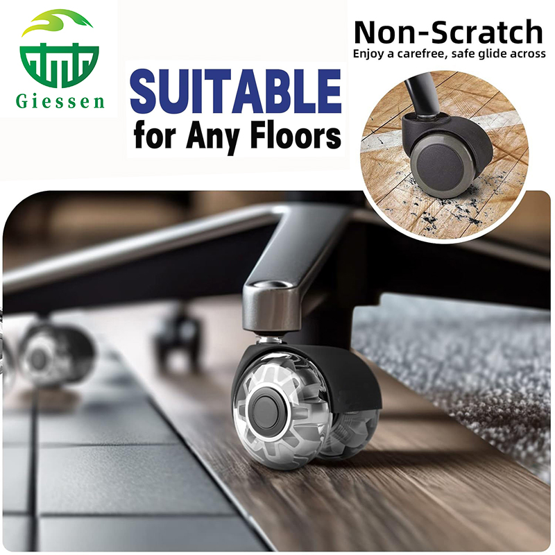 High-end 2-inch PU silent casters, transparent double-wheel office desk and chair furniture casters, swivel spring roller gaming chairs