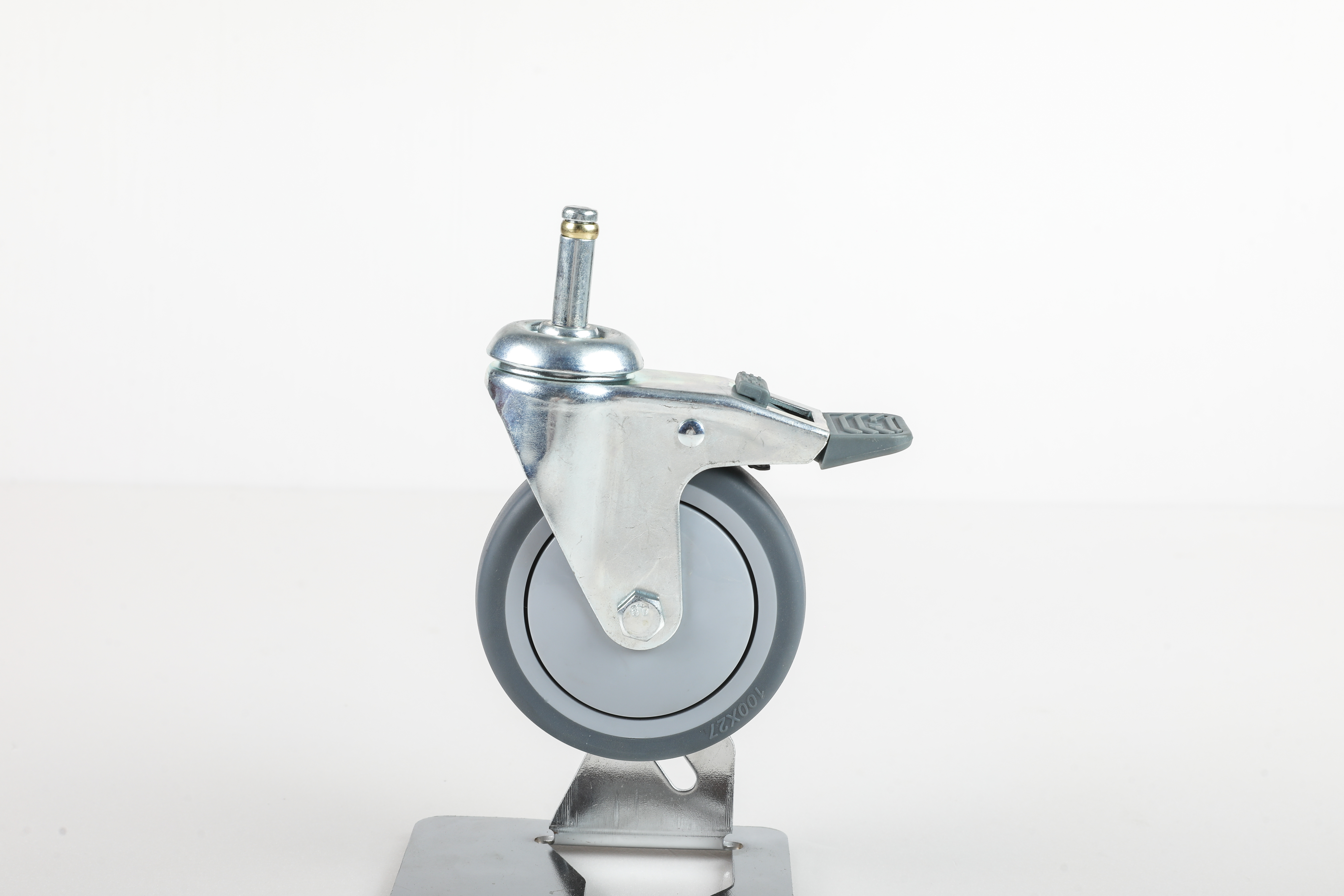 3/4/5 Inch Threaded Stem Caster with Dual Brake - M12 x 30mm, Gray Non-Marking TPR Wheels