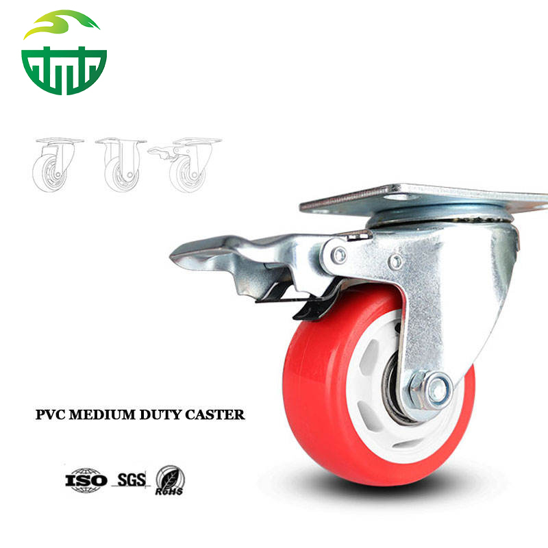 Medium-Duty Swivel Casters with Total Lock Brake and 3/4/5 Inch Red PVC Wheels