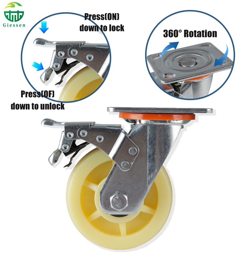Hot Selling Industrial Heavy Duty PP Caster Wheels with 360° Swivel and Brake, Low Noise Polypropylene Caster