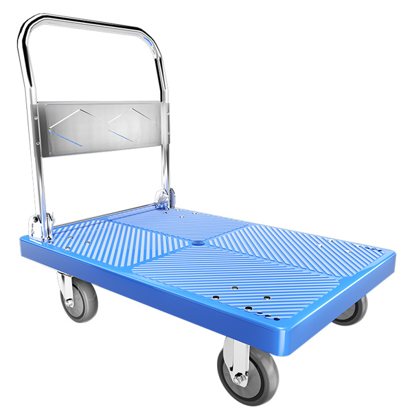 Nylon flatbed cart single-layer silent and wear-resistant handcart blue nylon hand-pushed small cart for transporting goods Collapsible plastic sheet transport trolley space-saving multi-purpose.