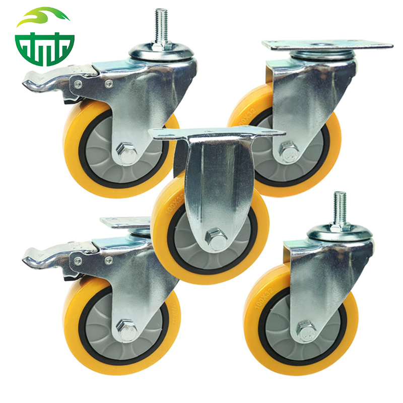 Heavy Duty PU Industrial Caster Wheels with Threaded Stem Side Swivel Brakes for Trolley Cart