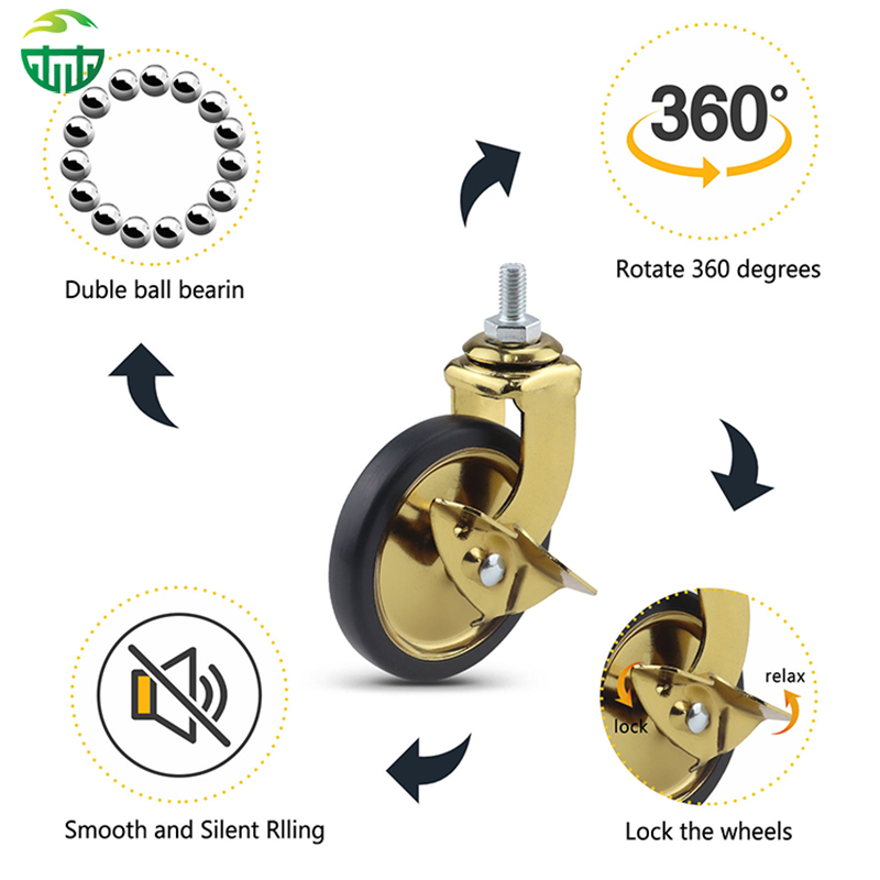 3 Inch Gold Threaded Stem Rubber Wheel for Dining, Hotel Restaurant Trolleys