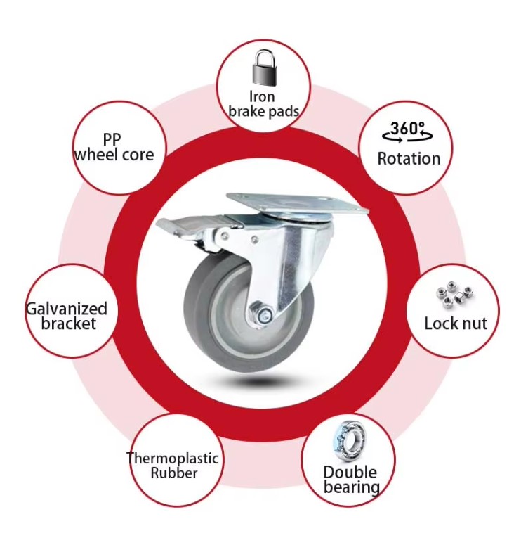 M12 Threaded Stem Caster with 125mm Non-Marking TPR Wheel - For Medical Equipment And Food Safe Service Carts