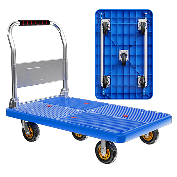 Nylon flatbed cart single-layer silent and wear-resistant handcart blue nylon hand-pushed small cart for transporting goods Collapsible plastic sheet transport trolley space-saving multi-purpose.