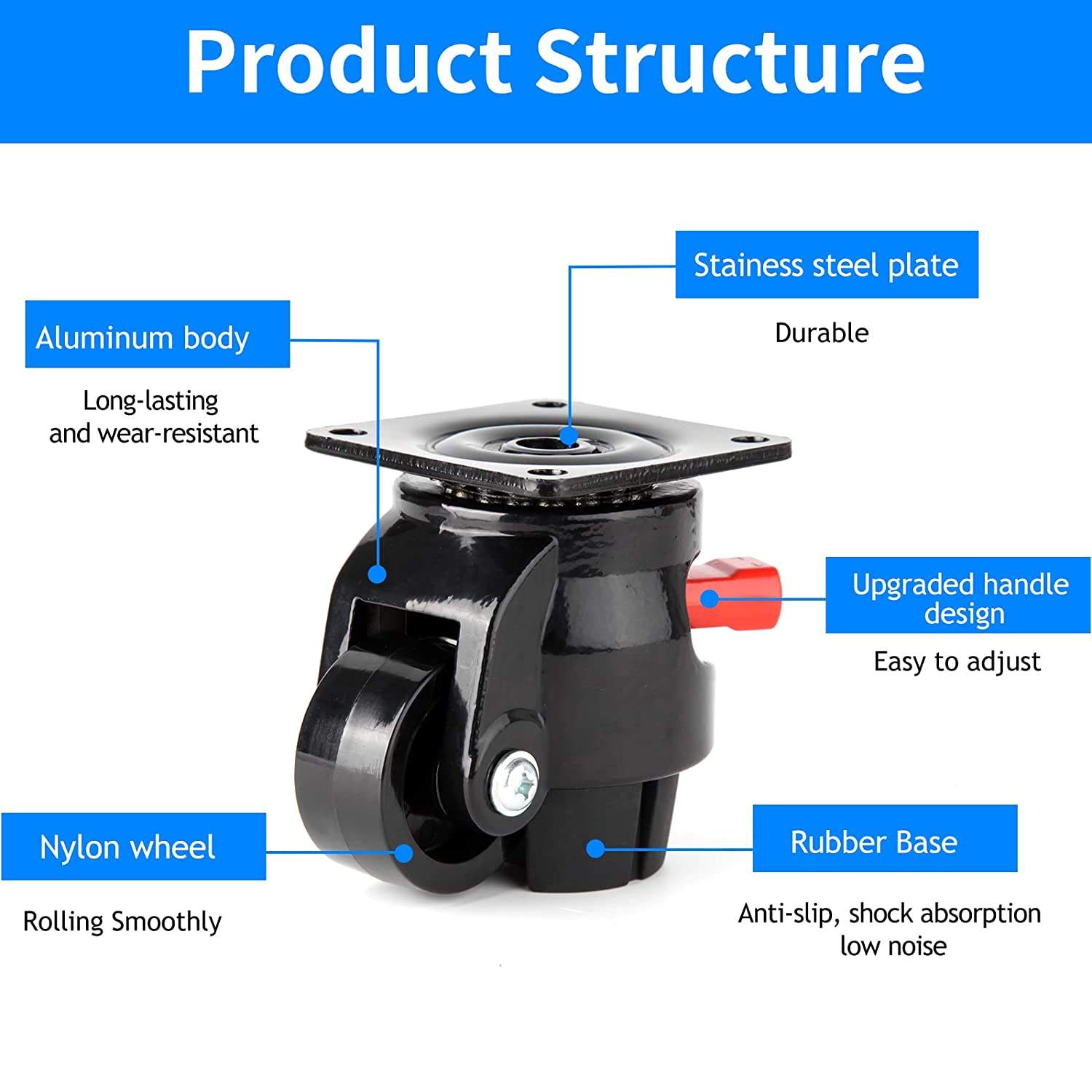 Footmaster Caster Black Leveling Casters Wheel Adjustable Height Casters Wheel for Industrial Equipment