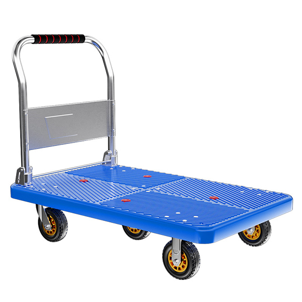 Nylon flatbed cart single-layer silent and wear-resistant handcart blue nylon hand-pushed small cart for transporting goods Collapsible plastic sheet transport trolley space-saving multi-purpose.