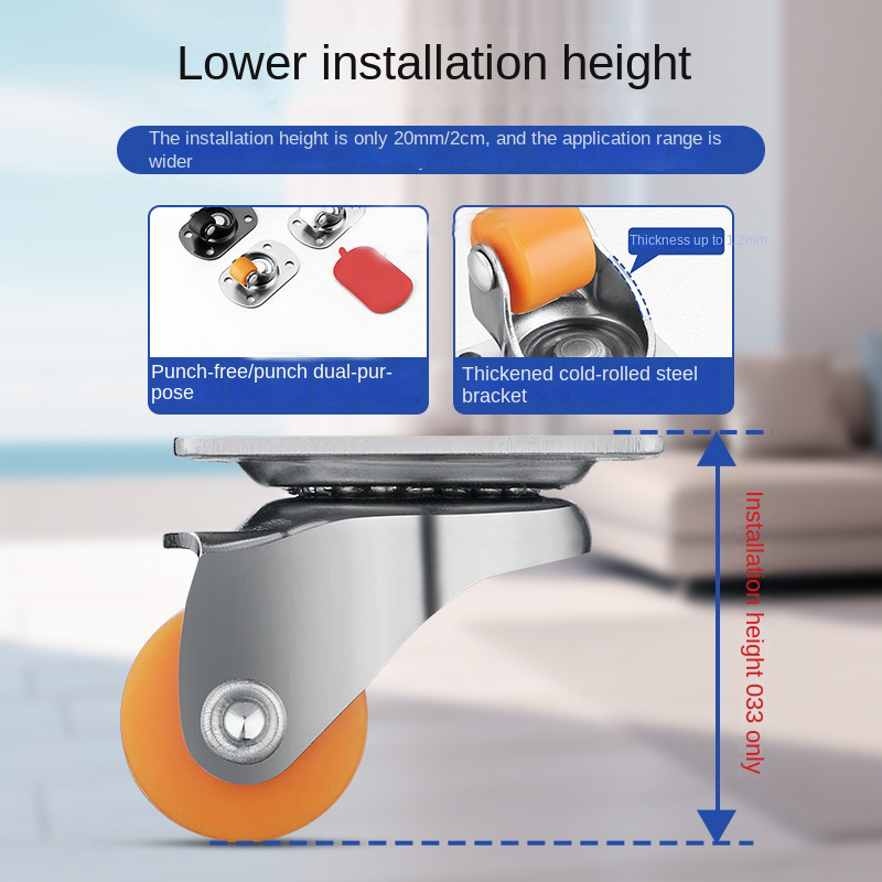 0.5 Inch Nylon Caster Wheel Set, Mini Swivel, Brown And Orange Colors, Non-Punch Adhesive, Ideal for Furniture And Bathroom Use