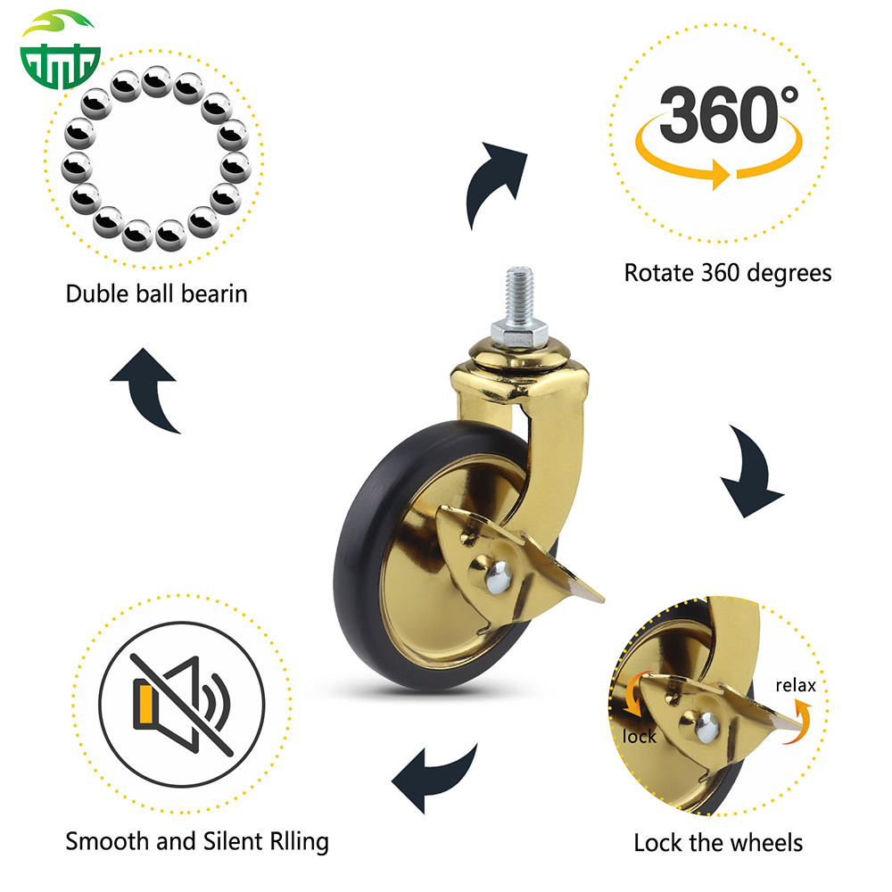 Golden Threaded Stem Rubber Caster Wheel for Dining Carts, Hotels and Restaurant Trolleys